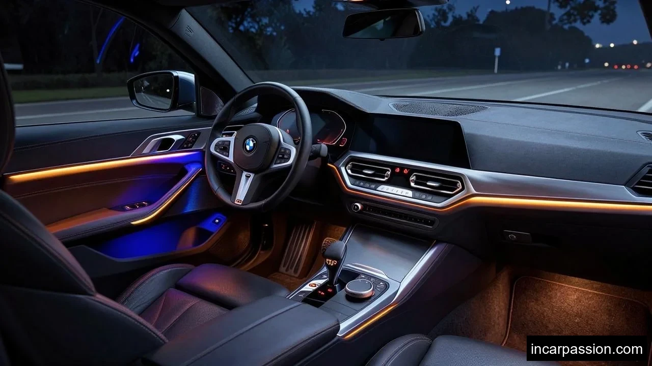 nighttime BMW 3 Series interior with smooth blue a