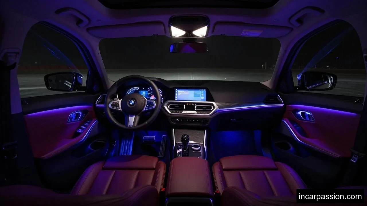 BMW 3 Series cabin at night with ambient light glo