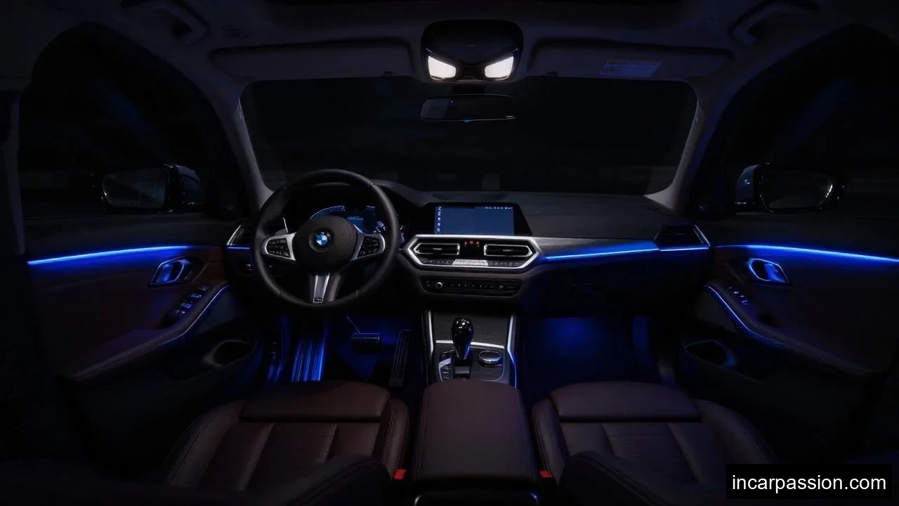 BMW 3 Series cabin at night showing illuminated do