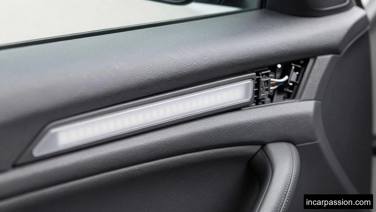 close-up of BMW 3 Series door panel trim with embe